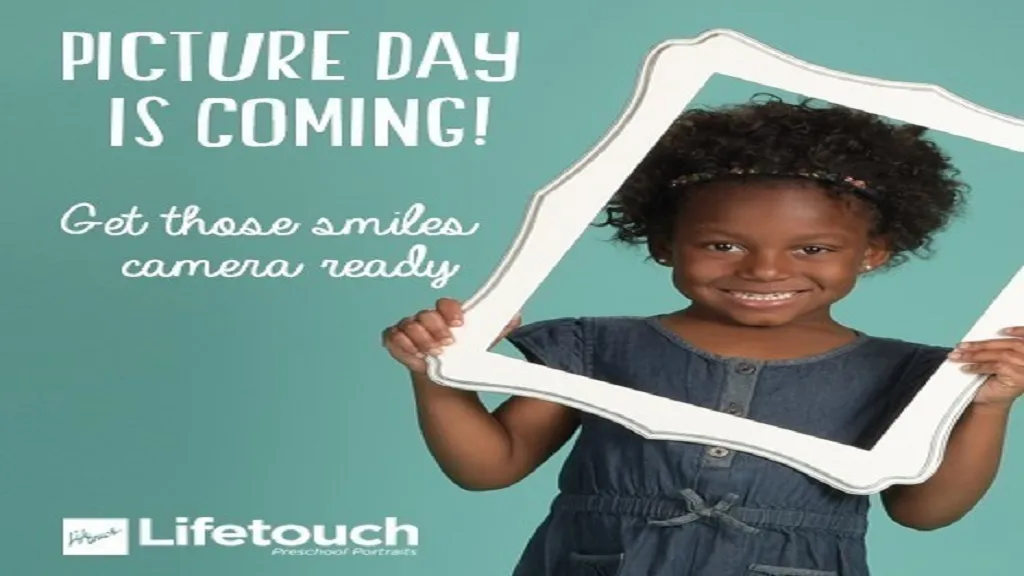 Image of a girl holding an empty picture frame in front of her face as ready for a picture.  Announcement that Picture Day is coming.